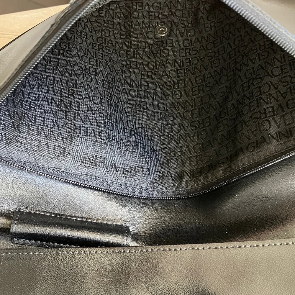 VERSACE La Medusa Black Leather Small Travel Bag w/ Silver Logo Clasp GUC
